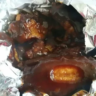 Wings. Bbq not bad.. meats good.. maybe go a little light next time but still good.