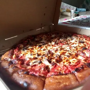 pep,mushroom, and extra cheese. 2 large 2 topping each (we added extra cheese) for about $26 and some change.