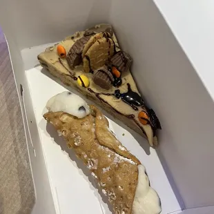 A traditional cannoli and Reese's cookie cake