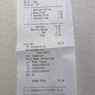 Receipt with $7.99 Service fee