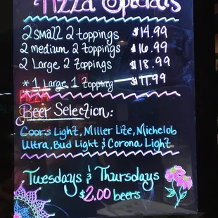 a menu for pizza specials