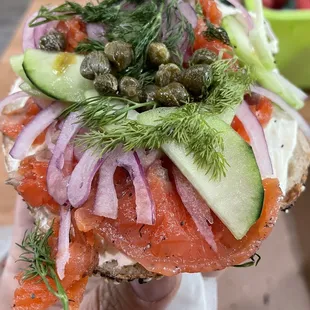 Everything bagel, lox, capers cream cheese