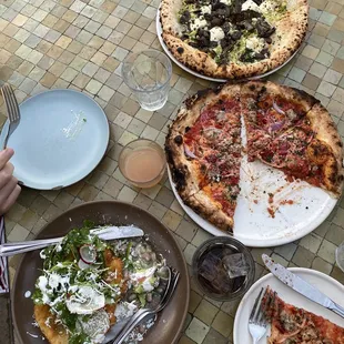 Chicken Milanese, mushroom pizza, sausage pizza
