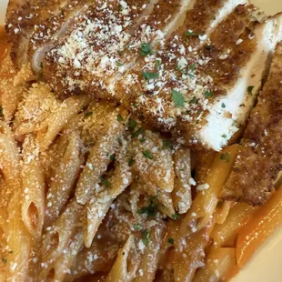 Penne vodka with a chicken cutlet.