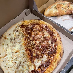 Alfredo chicken pizza and Texas BBQ Chicken