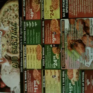 The front of the menu for Pizzaland.