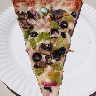 a slice of pizza on a paper plate