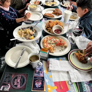 Great service and food!, marguerita pizza, 3 pigs pizza, pasta pescatore, chicken tenders and fries.