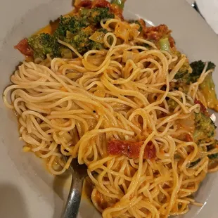 Angel Hair pasta with Vodka Sauce, broccoli, and sun-dried tomatoes