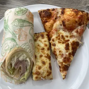 Cheese pizza, cheese bread and pita wrap