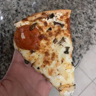 a hand holding a slice of pizza