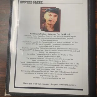Also page of menu with owners bio.