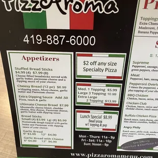 a menu for a pizza restaurant