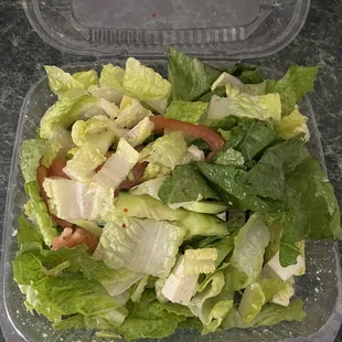 Greek Salad with house Italian. Lots of toppings but they all went to the bottom after mixing.