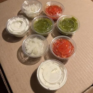 Sauces included an amazing salsa verde, a red salsa which was also delicious, chopped onions, and your standard ranch dressing