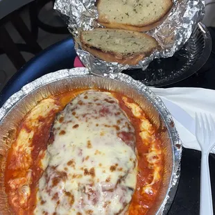 Eggplant Parm with a Complimentary Garlic Bread.