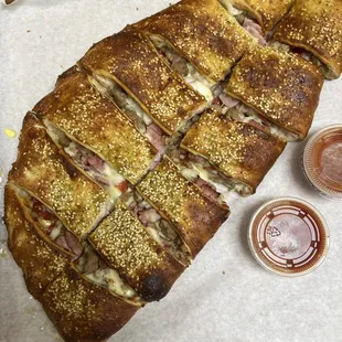 Meat lover's calzone! Pork free!