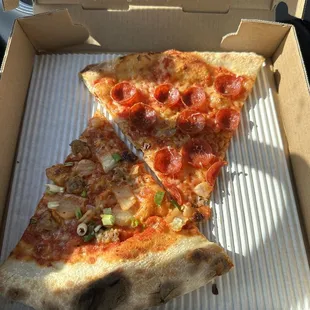 A slice of pepperoni and a slice of sausage and kimchi.