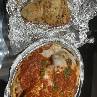 Chicken Parmesan and garlic knot