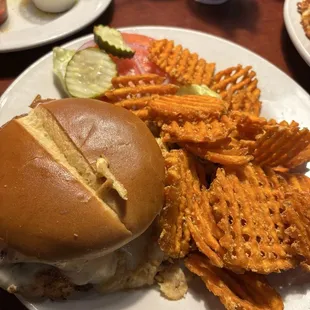 Chicken sandwich and sweet potato fries
