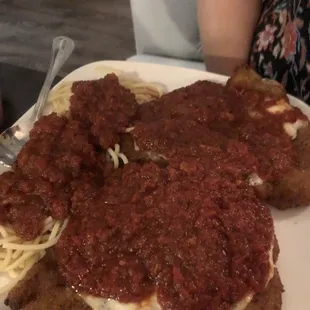 a plate of spaghetti and meat