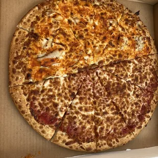 This is a large pizza half Buffalo chicken half cheese and it was so good!