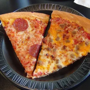 A slice of pepperoni and a slice of bacon cheeseburger from the buffet.