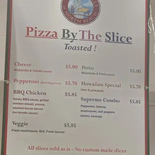 Pizza by the slice menu