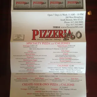 Pizza menu.