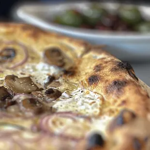 Mushroom, olive, onion pizza