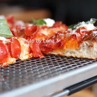 Sicilian Ray J ($38) - subbed pepperoni for olives on 1/2. It&apos;s tasty! The crust is airy, bread-like, a bit crispy on the bottom.