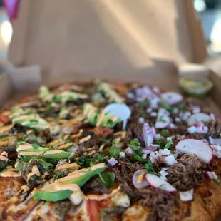 La vaca flaca (birria, diced onion, radish, cilantro ) &amp; mar y tierra (sautéed shrimp, bistec, avacado)