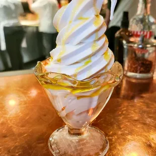 Vanilla soft serve with olive oil and ice cream