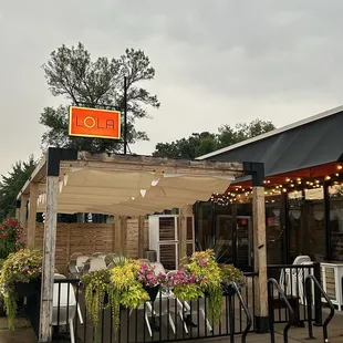 Front exterior- super cute patio, but sadly it was raining