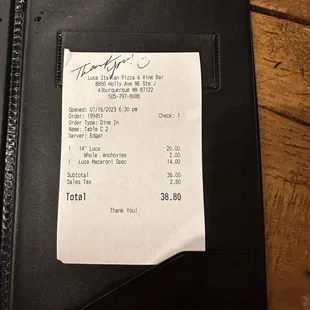 the receipt for the restaurant