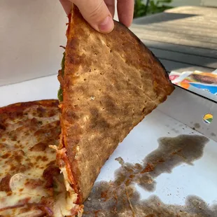 a hand holding a piece of pizza