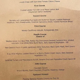 Valentine's Day Five Course Menu