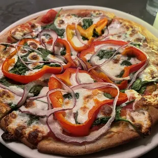 Bosco Pizza, gluten free with peppers subbed for mushrooms