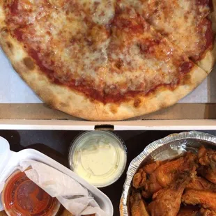 Cheese pizza, mozzarella sticks, and wings.