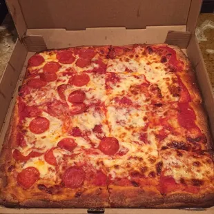 Sicilian; half cheese, half pepperoni