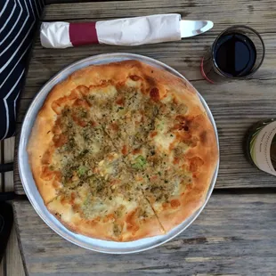 Enjoying Chicken Sausage pizza with Pinot Noir on a perfect night for the outdoor patio.