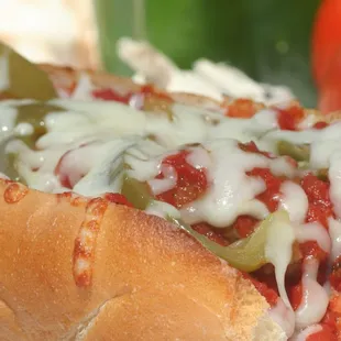 Our delicious Italian sausage sandwich with marinara, sweet peppers and melted mozzarella cheese