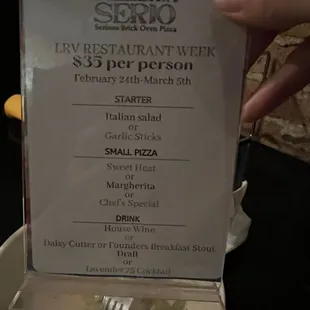 Restaurant week menu