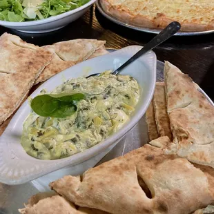 Spinach Artichoke Dip, Cheesy Flatbread, Arugula Salad