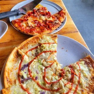 The Red pizza (square cut) &amp; GF Thai Chicken pizza (firewood). The Red has good heat &amp; the Thai Chicken is delicious! Would recommend both!