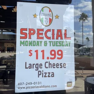 a special monday and tuesday $ 1 99 large cheese pizza