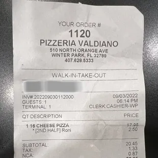 the receipt for the pizza