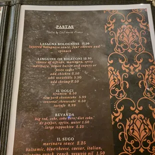 Pasta Menu