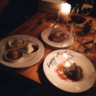 Birthday desserts! Bananas Foster, Gelato Trio (Burnt Caramel, Banana, Coconut), and Apple Crostada