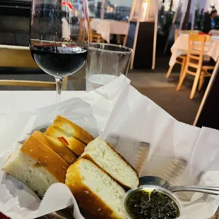 Bread and olive oil basil spread.